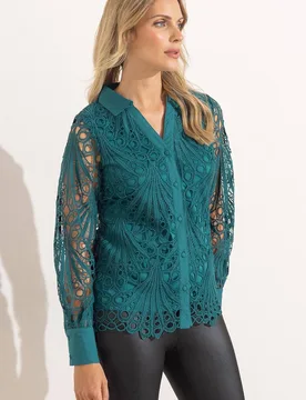 Women's Crochet Lace Long Sleeve Shirt in Teal Size: 10 - Teal - Size: 10 - Klass. - FashionsVida