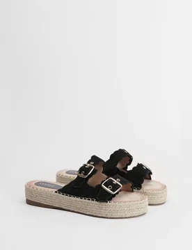 Womens Bridget Faux Suede Scallop Detail Buckle Footbed Sandals - Black - Size Uk 4 - OASIS - FashionsVida
