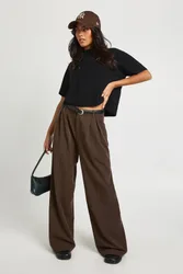 Womens Pleat Detail Wide Leg Trouser - Chocolate Viscose - Size L/xl