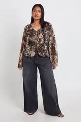 Womens Plus Mixed Animal Chiffon Ruffle Tie Front Blouse - Brown - Size 16 Uk