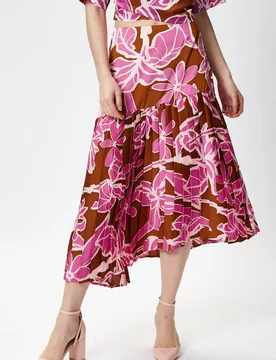 Women's Purple Floral Midi Asymmetric Skirt with Pleat details Size: 16 - Purple - Size: 16 - Liquorish - FashionsVida