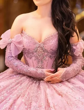 Shiny Pink Quinceanera Dress Glitter Crystal Decal Long tail off-shoulder Lace Layering Bow Vestidos De 15 Quinceanera ﻿Customiz - Aliexpress - FashionsVida