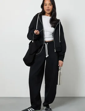 Womens Contrast Drawcord Oversized Hoodie Tracksuit - Black Cotton - Size Large - Boohoo - FashionsVida