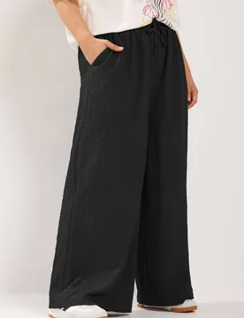 Women's Texture Wide Leg Trousers in Black Size: 22-24S - Black - Size: 22-24S - Yours - FashionsVida