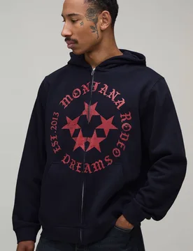 Herren Marineblauer Übergroßer Kastenförmiger Kapuzenpullover Mit Rodeo-Stern-Print Und Durchgehendem Reißverschluss Navy Größe Small - boohooMAN - FashionsVida