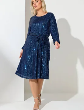Women's Sequin Skater Dress in Mid Navy Size: 20 - Mid Navy - Size: 20 - Yours - FashionsVida