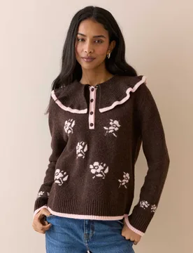 Floral Collared Henley Jumper Brown female - Nobody's Child - FashionsVida