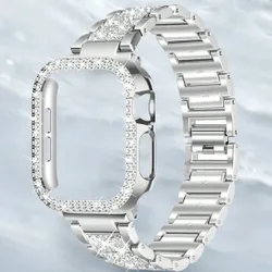 Set: Correa de reloj + Caja de reloj, Correa de metal con cristales de diamante brillantes para mujer + Funda protectora con cristales de diamante bri