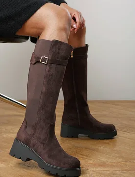 Women's Erelia Stretch Panel Buckle Detail Wedge Boots in Dark Brown Size: 6 - Dark Brown - Size: 6 - Where's That From - FashionsVida