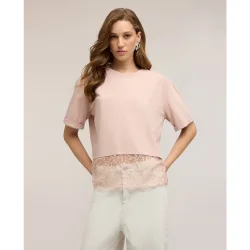 Camiseta de mujer con inserto de encaje ajuste oversize con cuello redondo