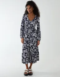 Floral Button Front Midi Dress - 8 / NAVY - female