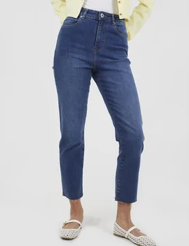 Women's High Waist Raw Hem Mom Jeans in Mid Blue Size: 10 - Mid Blue - Size: 10 - Brave soul - FashionsVida