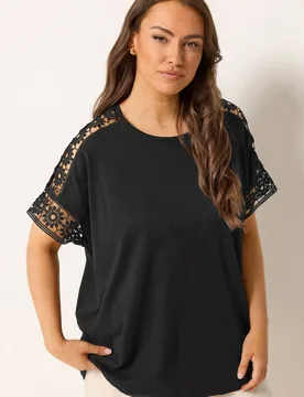 Women's Crochet Sleeve Boxy T-Shirt in Black Size: 20 - Black - Size: 20 - Yours - FashionsVida