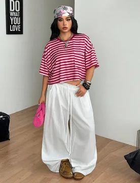 Camiseta de mujer talla grande estilo urbano Y2K casual de verano y otoño, hombros caídos, manga corta holgada, cuello redondo, rayas rosa fucsia, p - Shein - FashionsVida