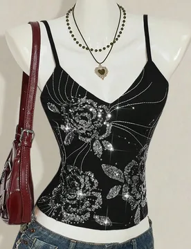 Top de tirantes de mujer estilo Y2K vintage boho para salir en verano, de vacaciones, con brillo, lentejuelas, flores bordadas y purpurina XXS - Shein - FashionsVida