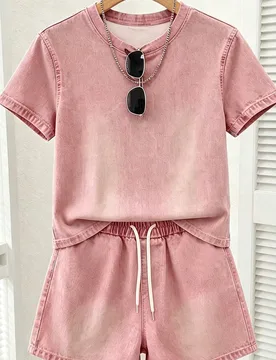 Conjunto de punto casual para mujer de rápida/Diseño estampado-Patrón de mezclilla falsa/Camiseta holgada de hombro regular con estampado digital d - Shein - FashionsVida