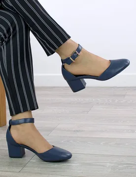 Women's Mid Block Heel Ankle Strap 2 Part Heels in Navy Size: 4 - Navy - Size: 4 - Ajvani - FashionsVida