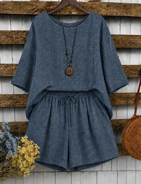 Conjunto de 2 piezas para mujer talla grande, top de lino con cuello redondo, manga 3/4 y bajo asimétrico, y pantalones cortos anchos sueltos, adecua - Shein - FashionsVida