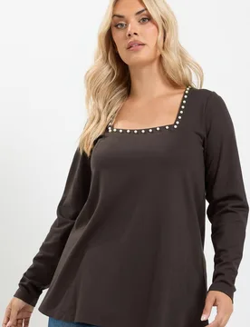 Women's Pearl Trim Long Sleeve Top in Chocolate Size: 14 - Chocolate - Size: 14 - Yours - FashionsVida