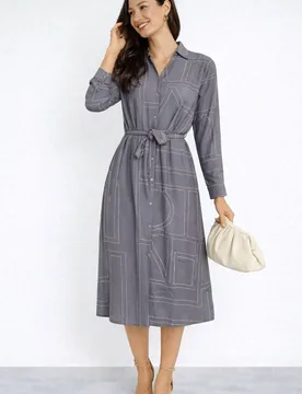 Women's Grey Modern Line Print Belted Shirt Dress Size: 14 - Grey - Size: 14 - LOVE SUNSHINE - FashionsVida