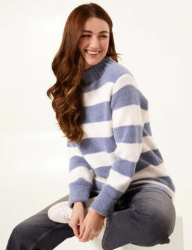 High Neck Striped Jumper - M/L / BLUE - female - Blue Vanilla - FashionsVida