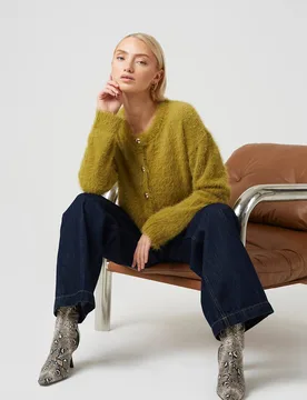 Women's Long Sleeve Fluffy Knit Cardigan Sweater in Olive Size: Small - Olive - Size: S - Brave soul - FashionsVida