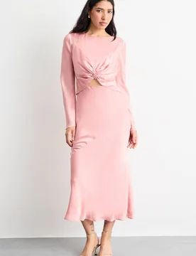 Women's Twist Front Cut Out Bias Cut Midi Dress in Peach Size: 12 - Peach - Size: 12 - Warehouse - FashionsVida