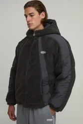 Mens Regular Fit Borg And Nylon Mix Hooded Jacket - Charcoal - Size Medium