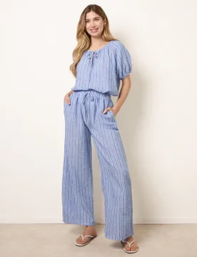 Tie Waist Stripe Wide Leg Trousers - M / DENIM - female - Blue Vanilla - FashionsVida