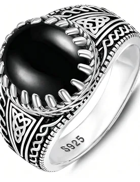 Pieza Anillo de estilo vintage de plata de ley 925 con ágata negra incrustada, acabado ennegrecido, unisex para mujer, adecuado para uso diario, rega - Shein - FashionsVida