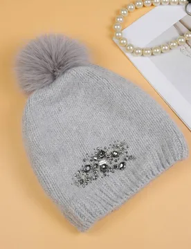 Women's Crystals Flowers Pompom Hat in Silver - Silver - Size: One Size - PEACH ACCESSORIES - FashionsVida