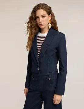 Chaqueta de mujer spencer en denim corte cropped ajuste regular con cierre de botonadura simple de un botón - Motivi - FashionsVida