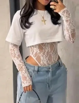 Blusa corta de mujer de encaje transparente de manga corta, body sexy de unicolor con parches de encaje transparente para uso diario, citas, fiestas d - Shein - FashionsVida