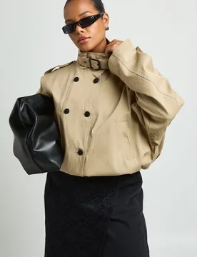 Womens Plus Double Breasted Funnel Neck Short Trench Coat - Tan - Size 28 Uk - Boohoo - FashionsVida