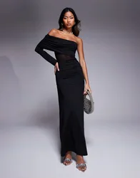 Womens Asymmetric One Shoulder Maxi Dress With Mesh Cut Out In Black - Size Large