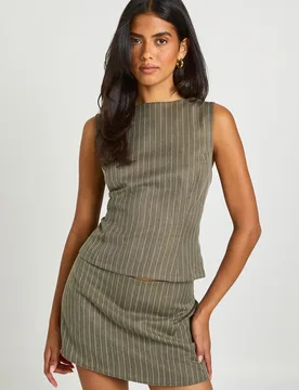 Womens Sleeveless Stripe Tailored Top - Green - Size 10 Uk - Boohoo - FashionsVida