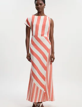 Womens Viscose Linen Mixed Stripe Asymmetric Woven Midi Dress - Coral - Size 12 Uk - Karen millen - FashionsVida