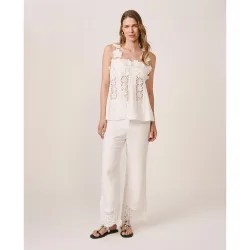 Pantalones rectos de mujer bordados confeccionados con hilatura con lino