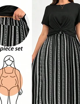 Conjunto de 2 piezas de ropa de verano bohemio para vacaciones de mujer talla grande, top casual de manga corta negro y falda larga a rayas negras y b - Shein - FashionsVida