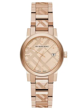 Bu9146 The City Engraved Check Unisex Watch - Rose Gold Stainless Steel - One Size - Burberry - FashionsVida