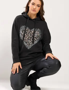 Women's Leopard Heart Sequin Hoodie in Black Size: 26-28 - Black - Size: 26-28 - Yours - FashionsVida