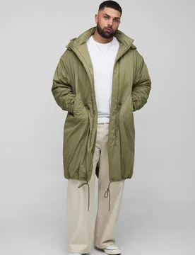 Herren Plus Regular Fit Pfirsichhaut-Nylon Stehkragen Mittellange Parka Jacke Khaki Größe 5XL - boohooMAN - FashionsVida