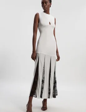 Womens Viscose Blend Slinky Sheer Lace Detail Knit Maxi Dress - White - Size X-Small - Karen millen - FashionsVida