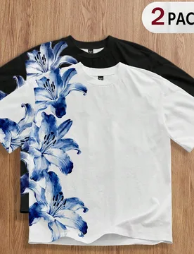Pcs/Set Camisetas de manga corta con estampado floral para hombres, combinación de negro & blanco, gran valor, vacaciones S - Shein - FashionsVida