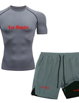 N Mens Los Angeles Letter Print Stretch Fitness T-shirt 2 in 1 Double Liner Shorts Sportswear Male Quick Dry Training Jogging Su - Aliexpress - FashionsVida