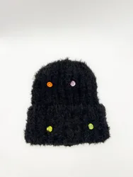 Womens Fluffy Beanie With Multicolour Buttons - Black - One Size