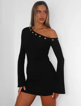 Inclined Collar Bodycon Dress For Women Hot Club Outfit Flare Sleeve One Piece Y2k Clothes Solid Black Vestidos De Mujer Ring - Aliexpress - FashionsVida