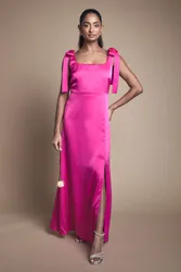 Womens Bright Pink Satin Tie Shoulder Midi Bridesmaid Dress - Light Pink - Size 14 Uk