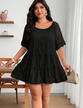 Vestido de mujer talla grande con cuello redondo, holgado, con volantes y encaje, vestido de verano, atuendo de verano, ropa de verano, ropa de primav - Shein - FashionsVida