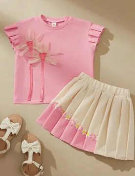 Set de 2 piezas para niñas jóvenes con camiseta de manga corta de cuello redondo casual y falda con estampado floral, camiseta rosa y falda color al - Shein - FashionsVida